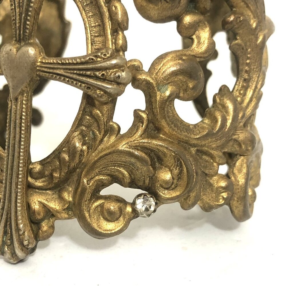 Vintage Wide Cuff Bracelet Virgins Saints & Angels Cross Gold Tone Ornate - Picture 6 of 14